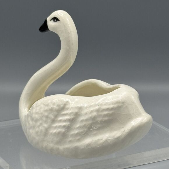 Vtg Small Swan Figurine Planter Black Beak '84 Stock Heaving Crazing 3" Birds - Picture 5 of 8